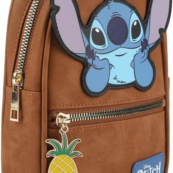 Stylish Brown Stitch Sling Bag with Pineapple Zipper - Perfect for Disney Lovers - Picture 3 of 7